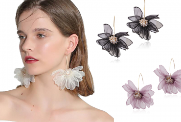 YERTTER Women Big Petal Drop Large Earrings Flowers Dangle Earrings with Chiffon Floral Tassel for Vacation Wedding (Black)
